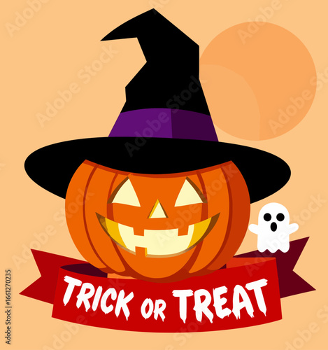 Halloween Jack-o'-Lantern with Witch Hat and Ghost