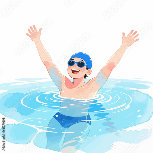 Happy Child Floating in Pool with Arms Up