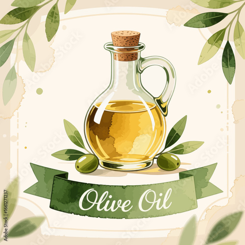 Illustrated Olive Oil Bottle with Green Leaves and Olives