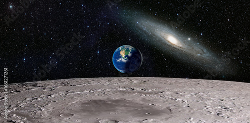 Fototapeta Naklejka Na Ścianę i Meble -  The Earth as Seen from the Surface of the Moon Andromeda galaxy in the background 