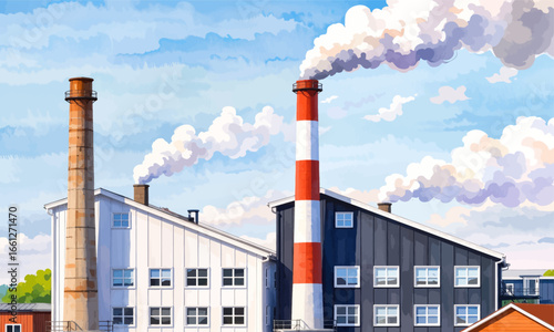 Industrial Factory with Smoking Chimneys under Blue Sky