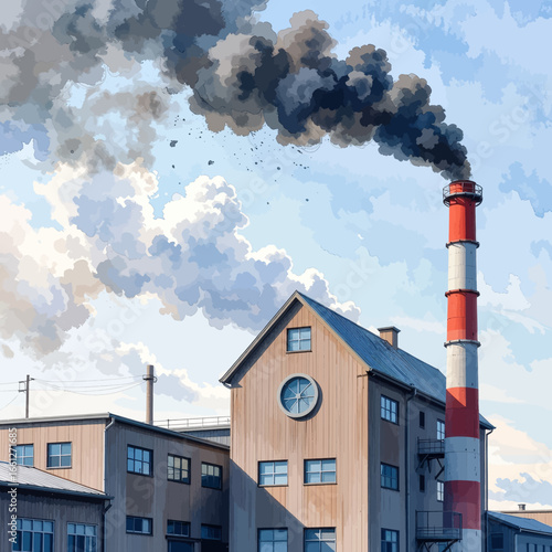 Industrial Sunset: Smokestack Factory Against Cloudy Sky