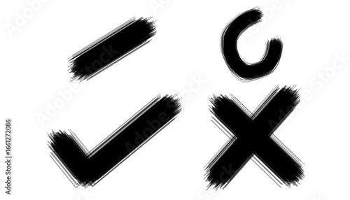 Set of black brush stroke symbols on transparent background, including check mark, cross, dash, and circular stroke. Ideal for graphic design, UI elements, and digital illustration.