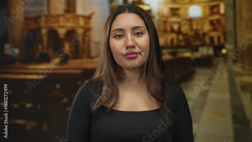 Woman presenting palms beside wooden pews under soft light in building with blurred altar and stained glass windows; reflection serenity peace invitation.
