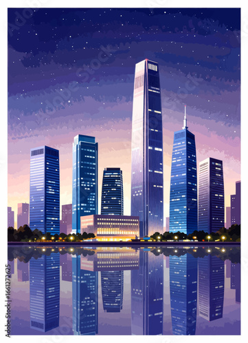Modern Cityscape Reflection: Night Skyline and Water