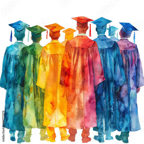 a vibrant watercolor painting depicts a row of graduates in colorful gowns, viewed from the back, symbolizing achievement and diversity.