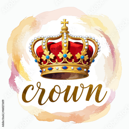 Opulent Crown with Ruby and Sapphire Jewels on Watercolor Background