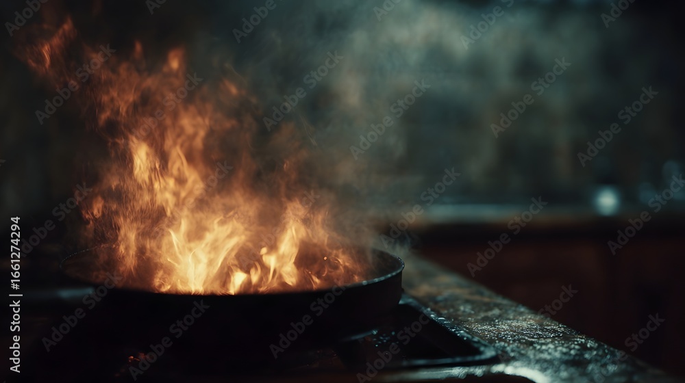 Dramatic kitchen fire from pan on stove Dramatic kitchen fire from pan on stove