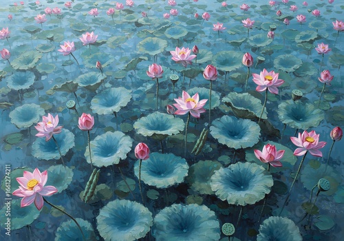 Serene Lotus Pond A Watercolor Painting of Pink Lotus Flowers and Lily Pads in Bloom
