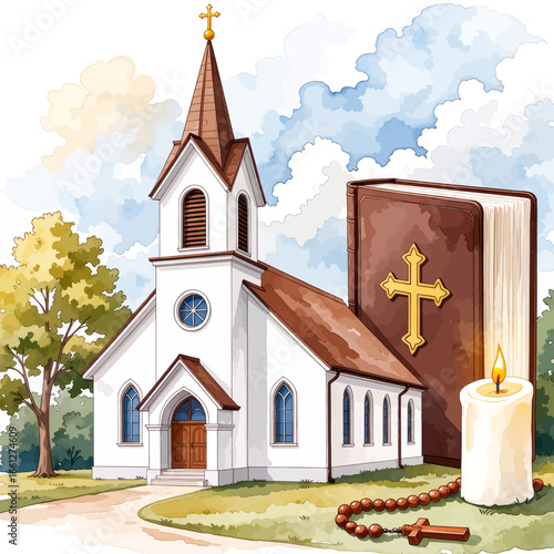 Serene Church Illustration with Open Bible and Candle