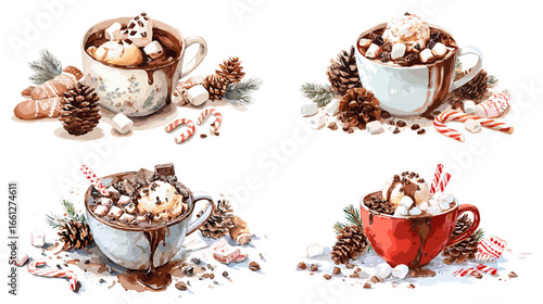 Warm watercolor set of hot chocolate in festive mugs with marshmallows, cookies, candy canes, and pinecones. Cozy winter drink clipart for Christmas menus and holiday designs.