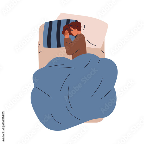 Woman sleeping in bed. Young female asleep alone, lying on soft pillows under blanket, duvet. Cozy and comfortable slumber, dream, rest, top view. Flat vector illustration isolated on white background
