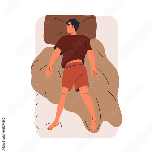 Man sleep in bed, lying down on belly. Happy male dreaming, reposing on pillow, mattress, top view. Comfortable rest, person asleep alone. Flat vector illustration isolated on white background