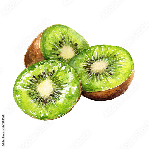 Watercolor illustration of a sliced kiwi fruit, isolated on transparent background