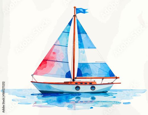 Serene Sailboat on Calm Waters with Blue and Red Sails