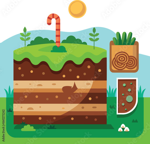 Cross section of compost soil showing decomposition.