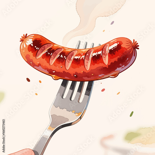 Sizzling Grilled Sausage on Fork, Summer BBQ Delight