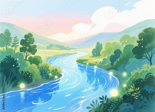 Serene River Valley at Dusk with Lush Forests and Calm Waters