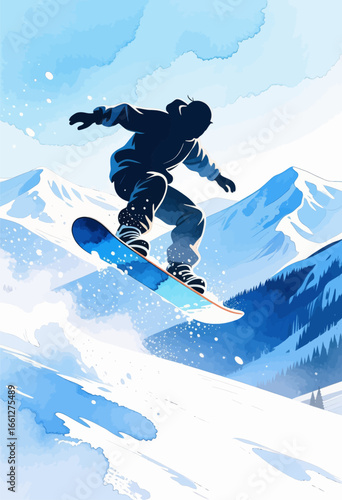 Snowboarder in Action: Winter Thrill on Snowy Peaks