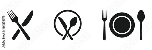 Fork and spoon icon. Silverware solid monochrome icon set. Dinner dish or plate with spoon and fork sign for apps and websites. Vector illustration, eps 10