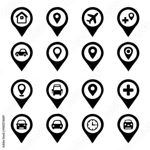 Set of map pin icon, restaurants, hospitals, supermarkets, telephones, stars, terminals, hotels, stations, bicycles, heart, camera house, airplane, .vector illustration