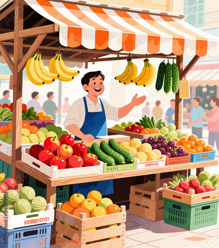 Vibrant Market Stall with Fresh Fruits Under Canopy