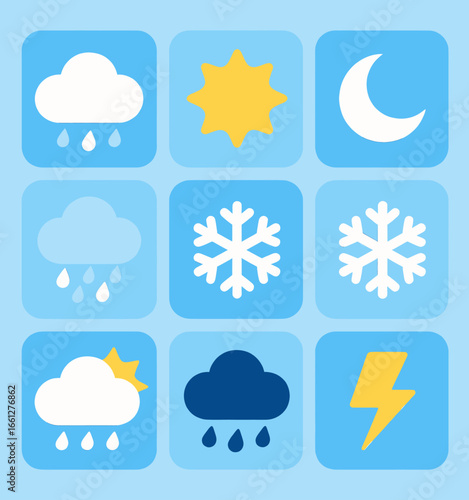 Weather Icons Collection: Sunny Days, Cloudy Nights, Snowflakes, and Stormy Skies