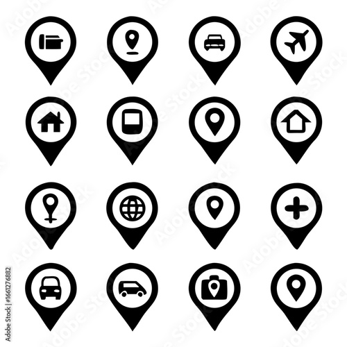 Set of map pin icon, restaurants, hospitals, supermarkets, telephones, stars, terminals, hotels, stations, bicycles, heart, camera house, airplane, .vector illustration