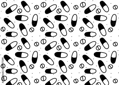Vector illustration of seamless pattern of medicine capsules and tablets with patterned fabric design for health