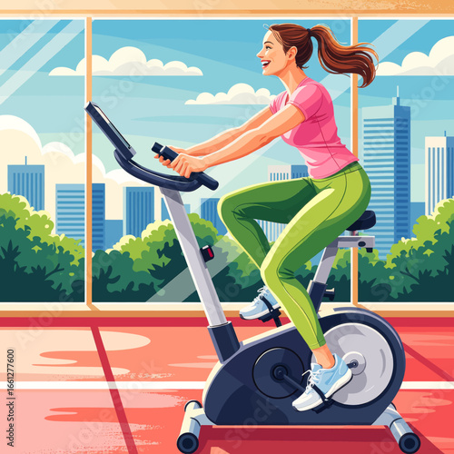 Woman Exercising on Stationary Bike in Modern Gym with City View