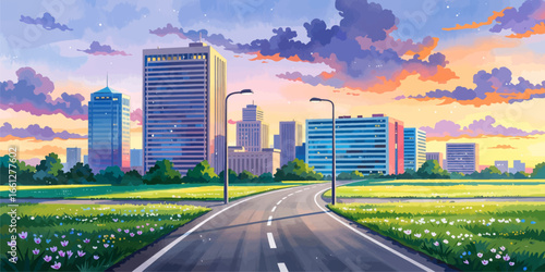Vibrant Cityscape at Sunset with Lush Green Fields