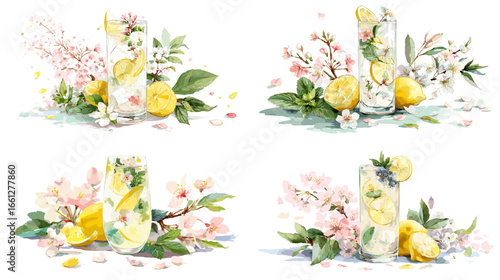 Fresh lemonade still life with lemons, ice, and slices surrounded by spring blossoms and leaves. Light watercolor beverage set ideal for wellness blogs, menus, and wedding decor.