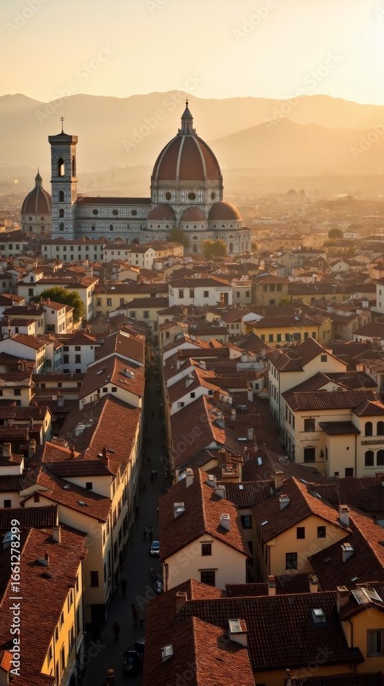Fototapeta premium Golden hour view of a historic European city with a prominent cathedral dome.