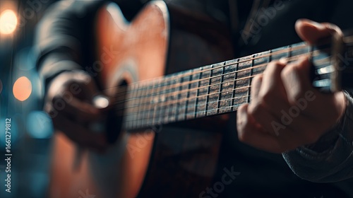 Acoustic Guitar Playing Close-Up in Warm Light