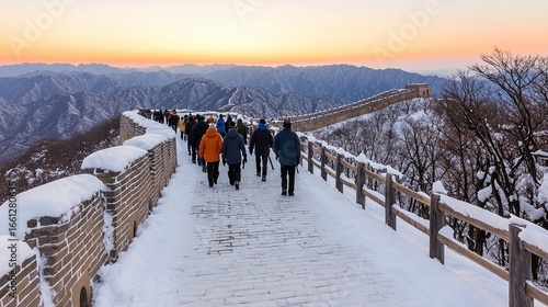 Wallpaper Mural A scenic winter view of visitors walking along the Great Wall, framed by snow and mountains at sunset, Perfect for travel articles, tourism promotions, or winter adventure themes, Torontodigital.ca