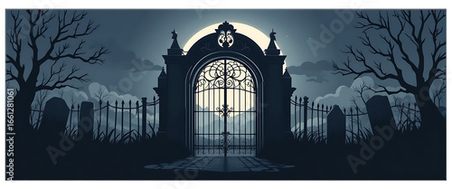 Flat minimalist vector graveyard gate with sharp clean outlines, glowing moonlight behind, eerie Halloween atmosphere 