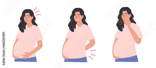 Set of pregnant women experiencing various symptoms such as nausea, back pain, and headache during pregnancy. Prenatal care. Common pregnancy health problems. Vector illustration isolated on white.