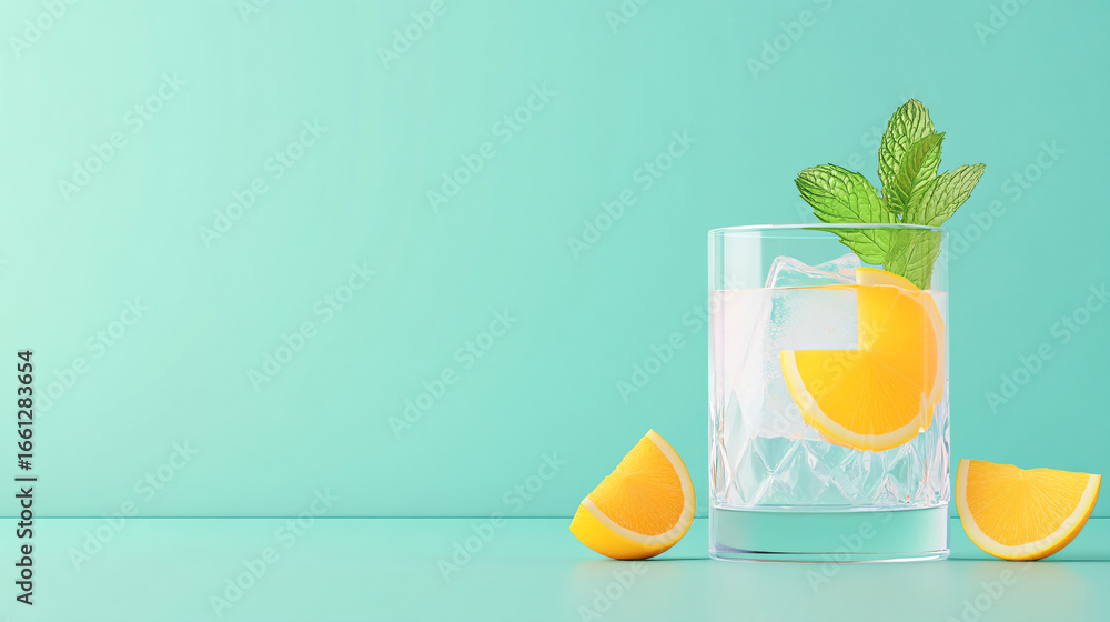 Fototapeta premium Cold orange water with mint on blue background, Perfect Summer Refreshment. copy space. 