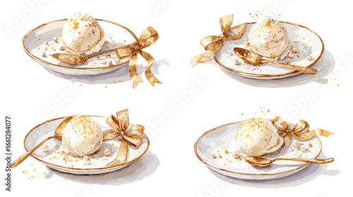 Elegant watercolor dessert set featuring vanilla ice cream scoops on ceramic plates with golden ribbons and crumbs. Perfect for cafe menus, patisserie branding, and cozy food visuals.