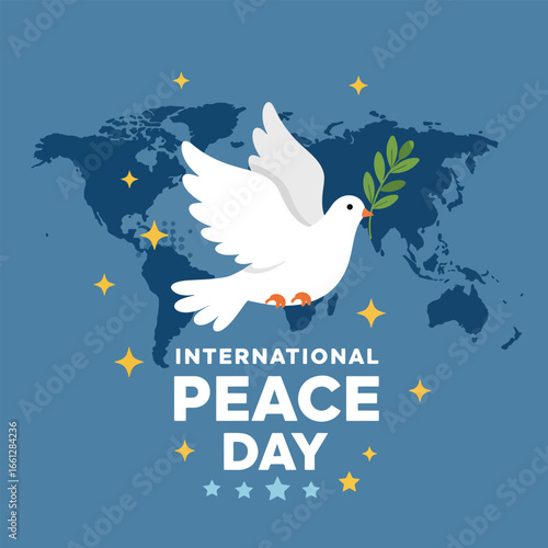 White Dove Carrying Olive Branch Over World Map.