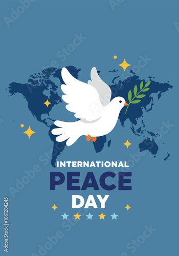 White Dove Flying Over World Map for International Peace Day.