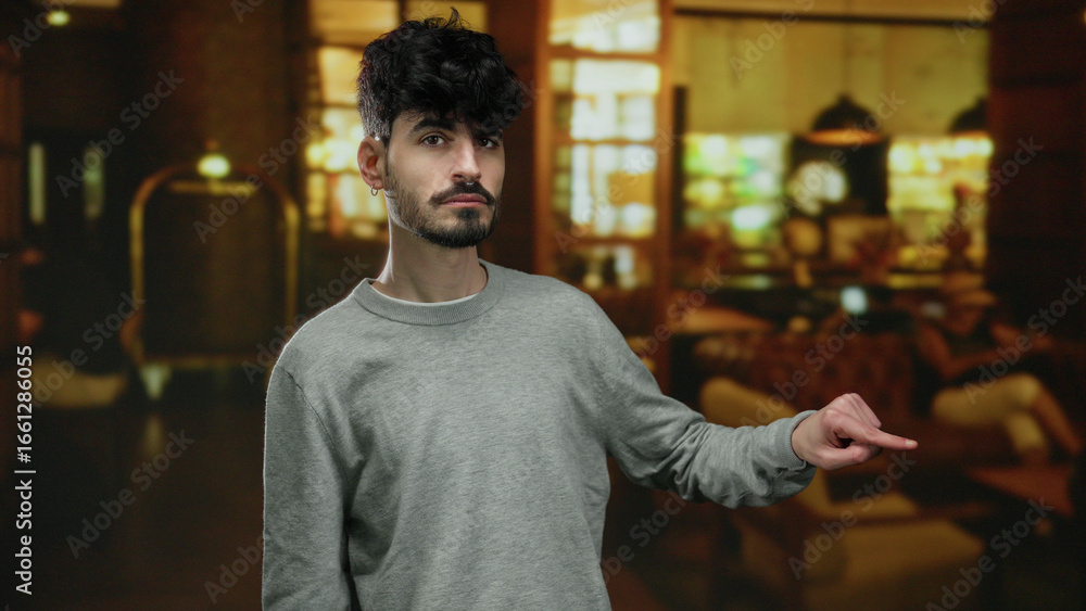 Fototapeta premium Young man in a hotel lobby with thoughtful expression pointing to something unseen in the background, capturing a sophisticated and relaxed ambiance.