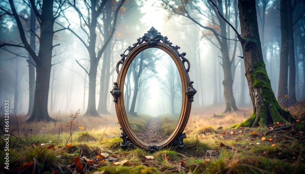 Obraz premium Standing Mirror Reflecting Forest Path in a Misty Landscape