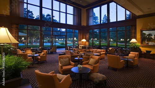 Spacious hotel lobby interior with comfortable seating and large windows
