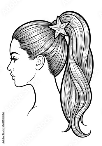 Sleek ponytail with a star-shaped clip, elegant and graceful, side profile, black and white, line art