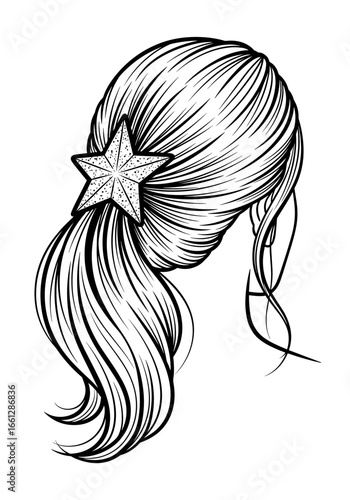 Sleek ponytail with a star-shaped clip, stylish and chic, side view, black and white, line art