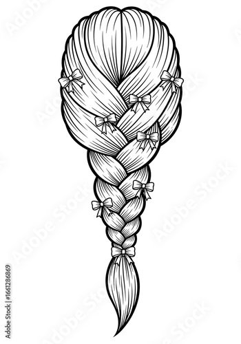 Intricate braided hairstyle adorned with bows, elegant and detailed, back view, black and white, line art