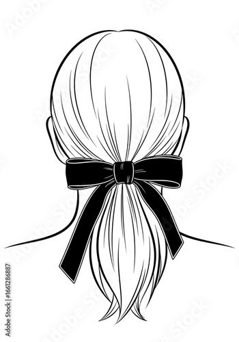 Sleek ponytail hairstyle with a black bow, chic and elegant, back view, black and white, line art