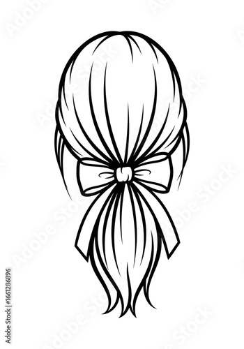 Simple ponytail hairstyle with a bow, elegant and neat, back view, black and white, line art
