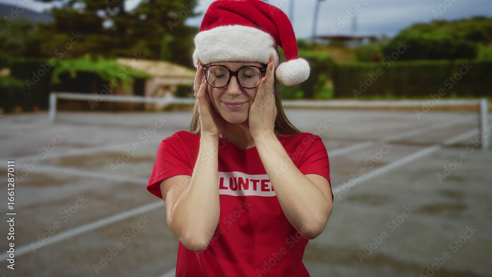 Obraz premium Young volunteer woman wearing glasses and santa hat touches face and smiles on tennis court outdoors; serenity.
